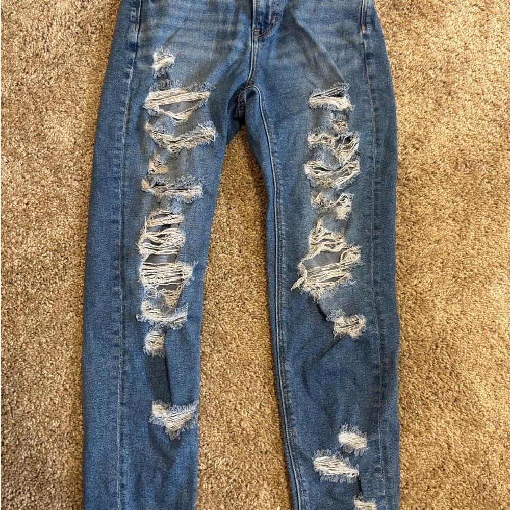 American Eagle Outfitters High Waist Blue Skinny Jeans with Distressed Details